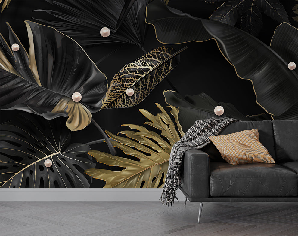 3D Black And Gold Leaf Pearl Embossed Wallpaper