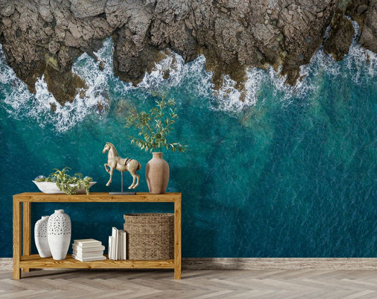 Living Room - 3D Blue Ocean Waves on Rock Wallpaper