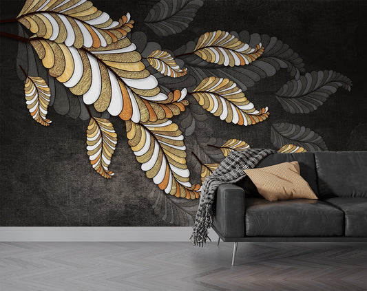Living Room - Golden Diamond Feather Art Texture Wallpaper