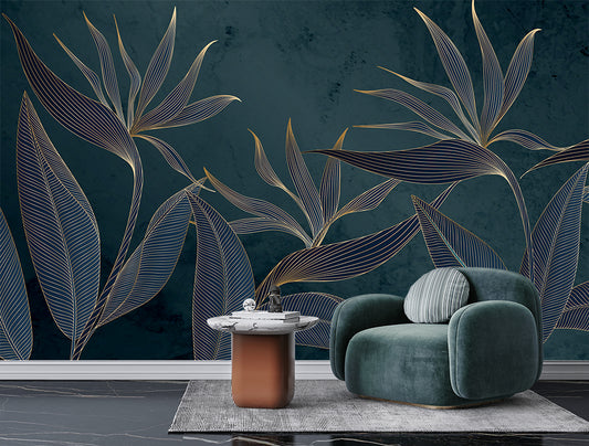 Golden Line Art Style Tropical Leaves Wallpaper