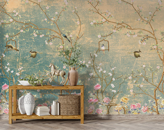 Chinoiserie Floral Wallpaper for Living Room | Vintage botanical garden wall mural