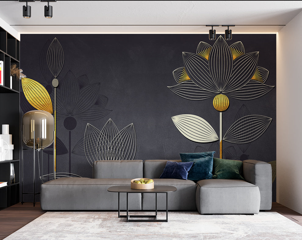 Luxury Golden Liner Lotus Wallpaper