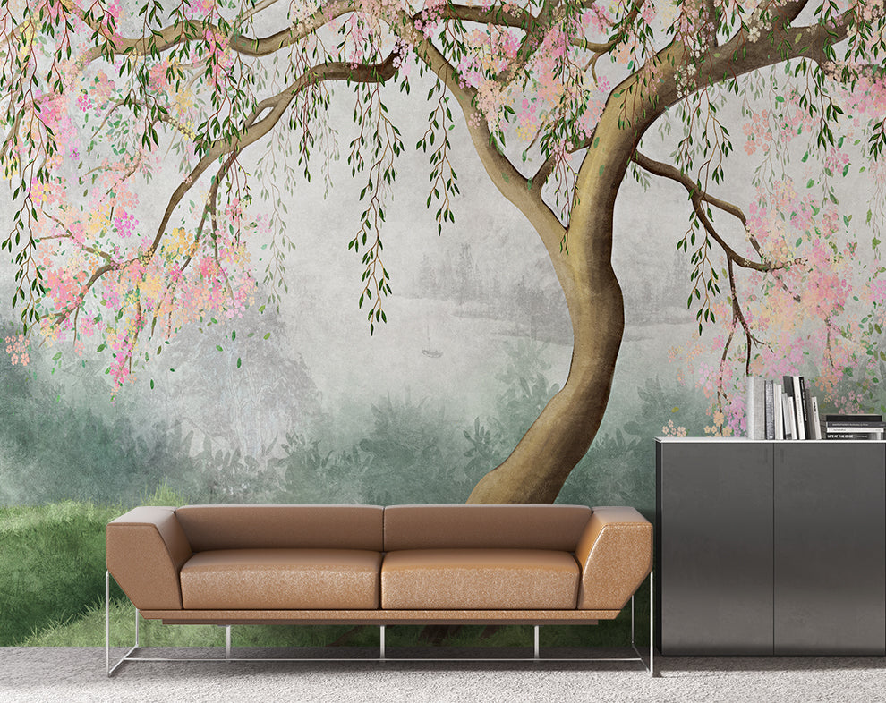 Water Colour Tree Wallpaper And Pink Flowers Wallpaper For Wall