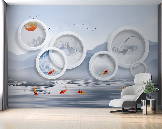 Living Room - 3D Circle Art and Fish Wallpaper