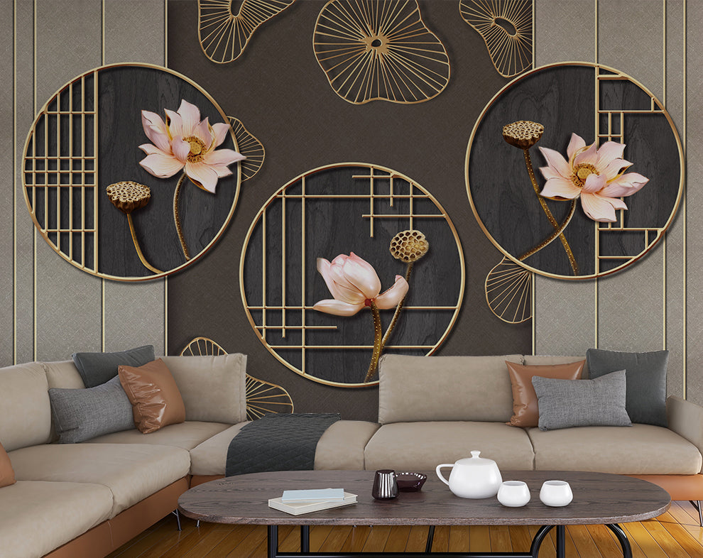 3D Circular Decorative Rings Beautiful Flowers Wallpaper