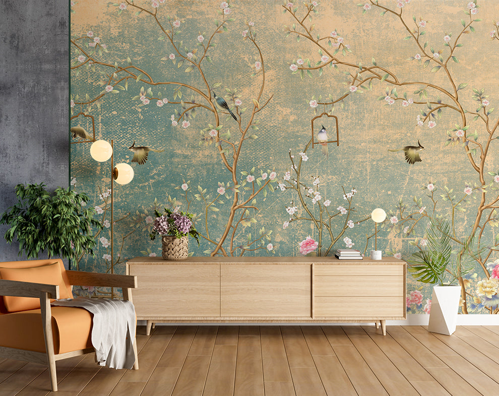 Chinoiserie Floral Wallpaper for Living Room | Vintage botanical garde ...