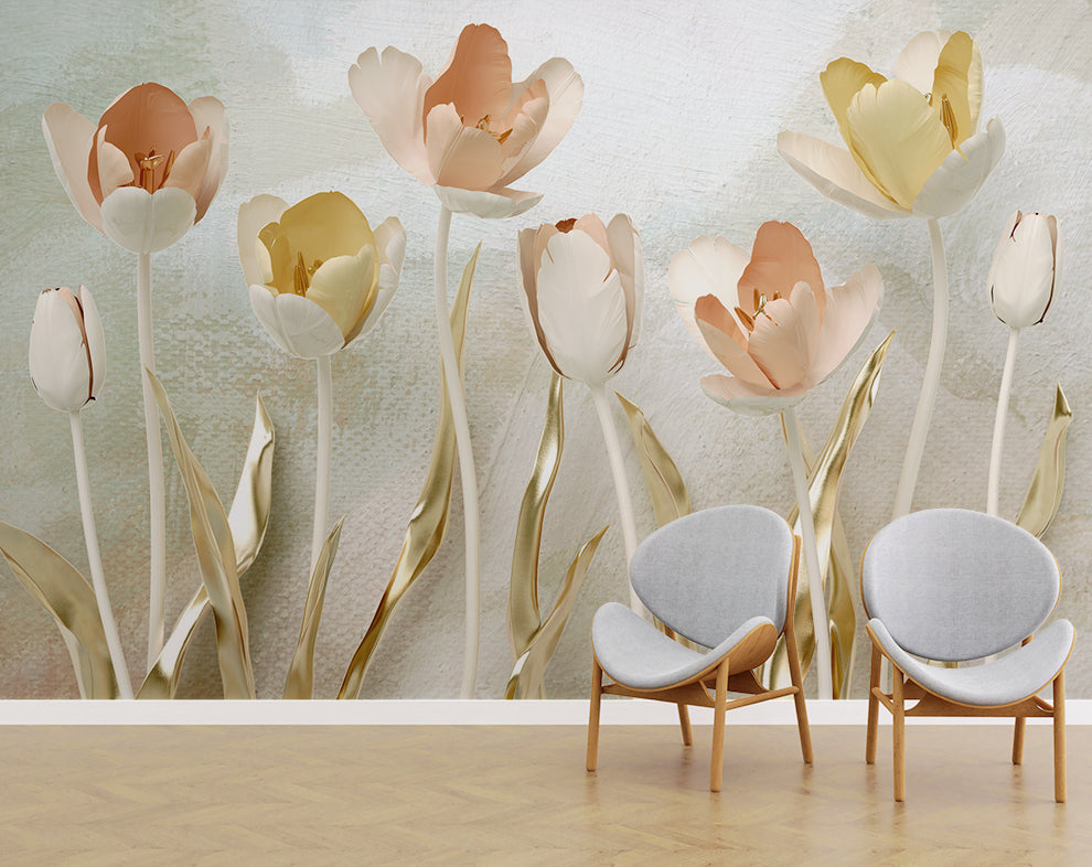 3D Golden Colourful Tulip Flowers for Living Room Walls