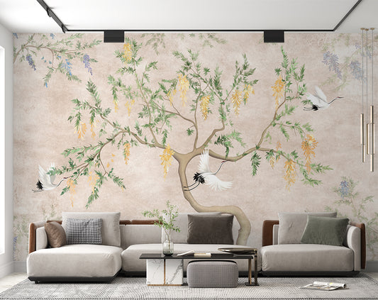 3D Customized Vintage Chinoiserie Crane Wallpaper | Custom bedroom wallpaper