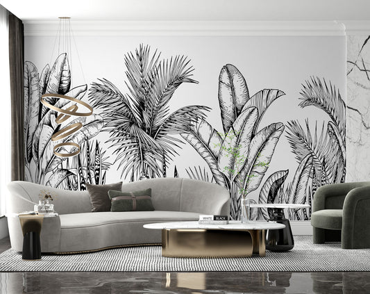 Living Room - Black & White Tropical Forest Wall Mural Wallpaper, Custom Size