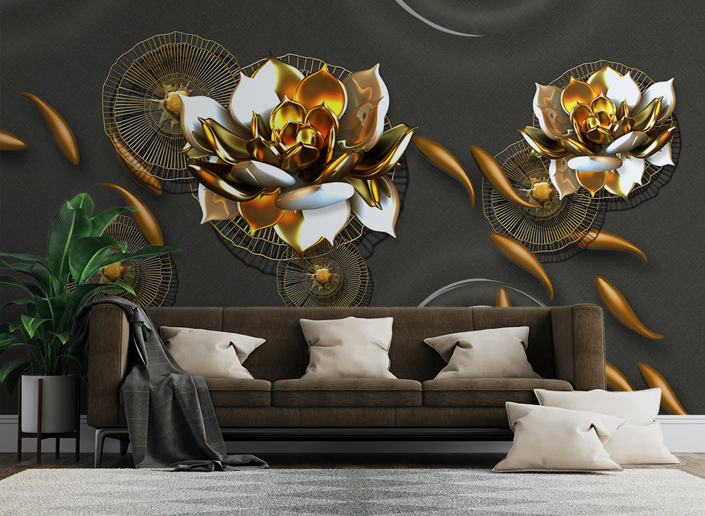 3D Creative Golden Lotus Flowers Wallpaper