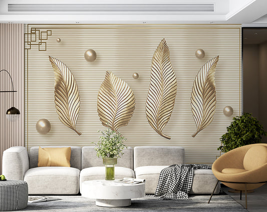 Horizontal 3D Golden Leaf Design Wallpaper