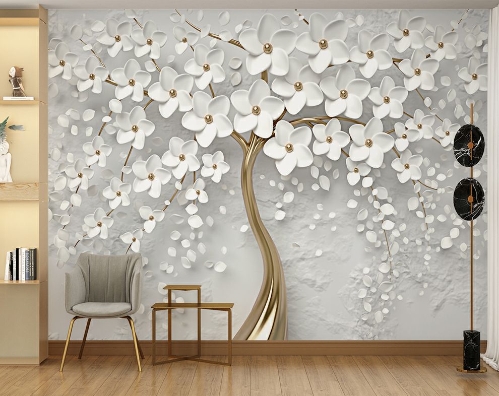 3d Golden tree and white flowers wallpaper | Living room wallpaper for –  Home Decoram