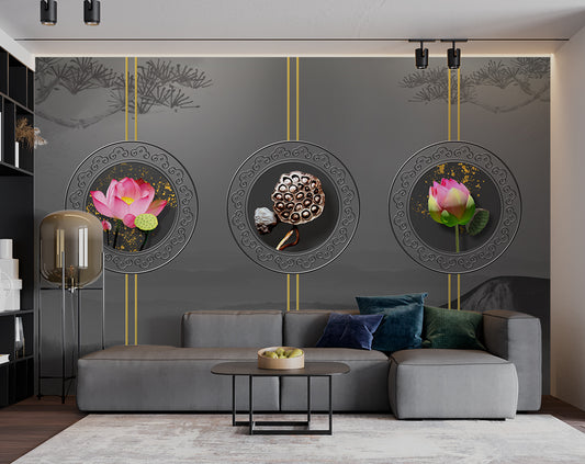 Living Room - Chinese Style 3D Beautiful Lotus Flowers Wallpaper