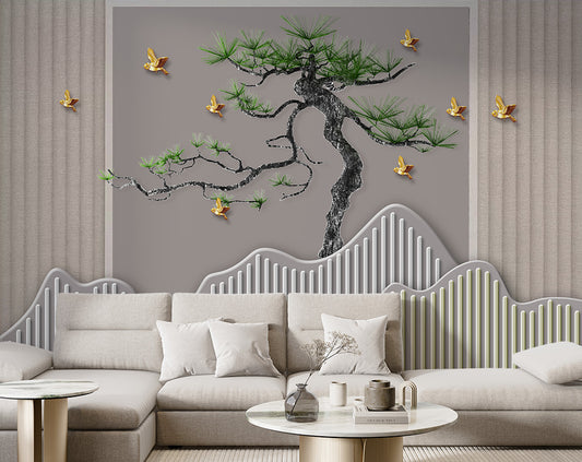 Curved Pine Tree And Golden Birds Mural Wallpaper