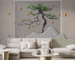 Curved pine tree and golden birds mural