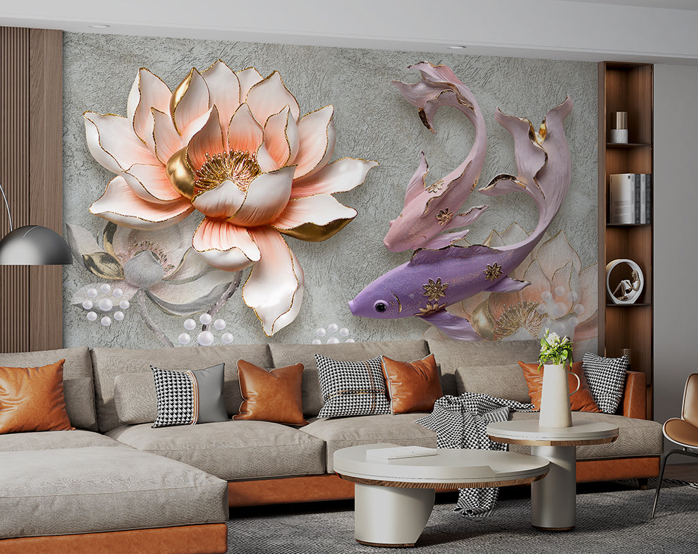 3D Mural Relief Lotus Fish Retro Bedroom Wallpaper