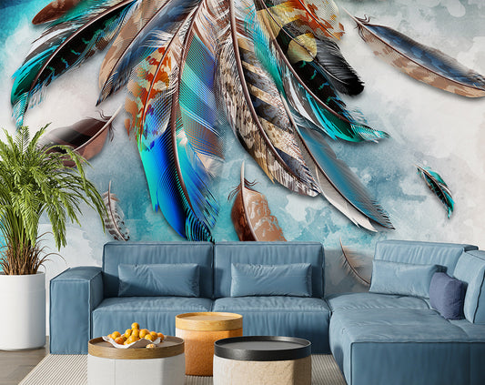 3D Colorful Feather Wallpaper For Bedroom