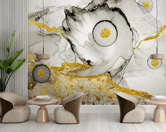 Living Room - White, Black And Golden Marble Design Wallpaper