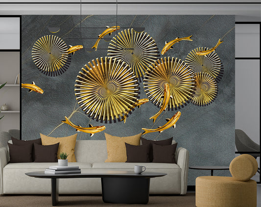 Living Room - Creative golden chakra and fish wallpaper