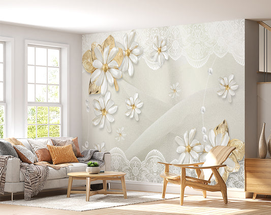 Living Room - Jewelry Look Flower and Lace Wallpaper