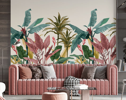 Living Room - Colourful Watercolour Banana Leaves – Tropical Wall Mural, Custom Size