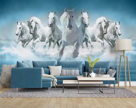 Seven White Horses Vastu Art Wallpaper