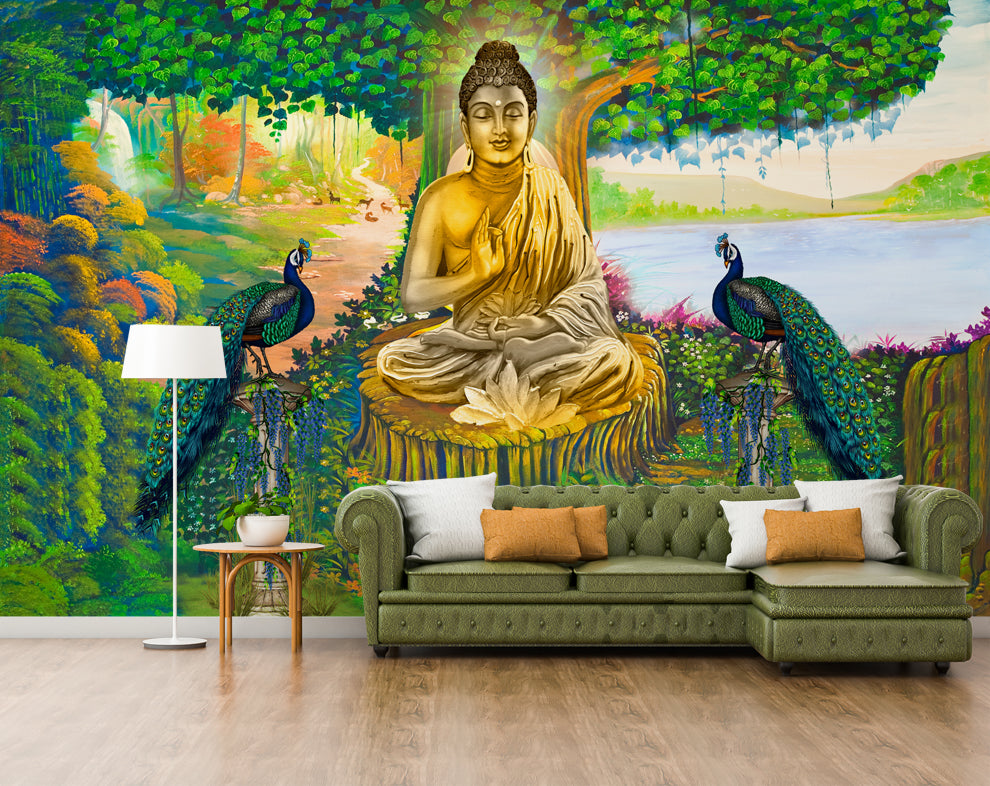 Gautam Buddha and Peacock 3D Mural Wallpaper