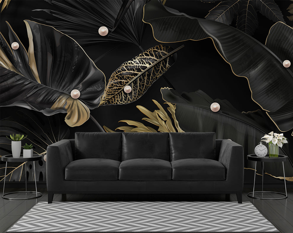 3D Black And Gold Leaf Pearl Embossed Wallpaper