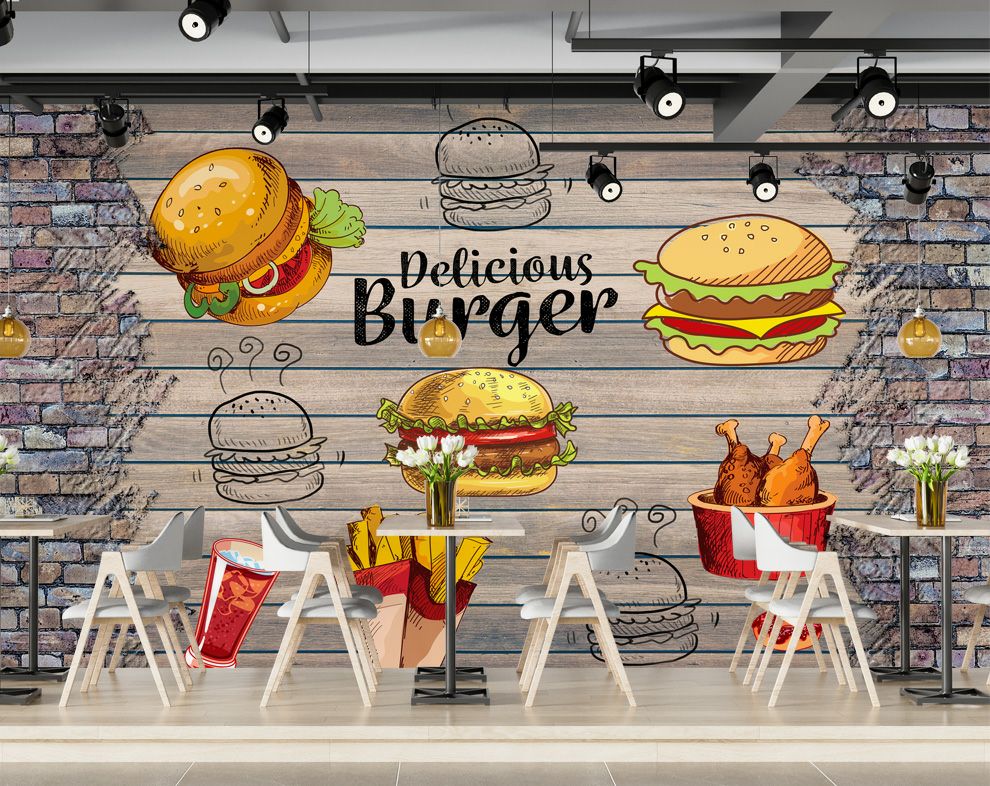 Food Lockscreen fast food icons cafe wallpaper for walls, food item on wood wallpaper ...