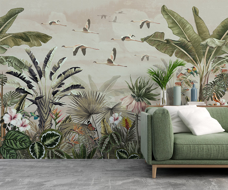 Tropical Forest And Birds Botanical Wallpaper