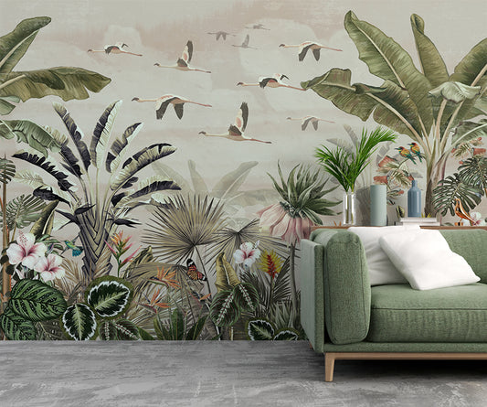 Tropical Forest And Birds Botanical Wallpaper