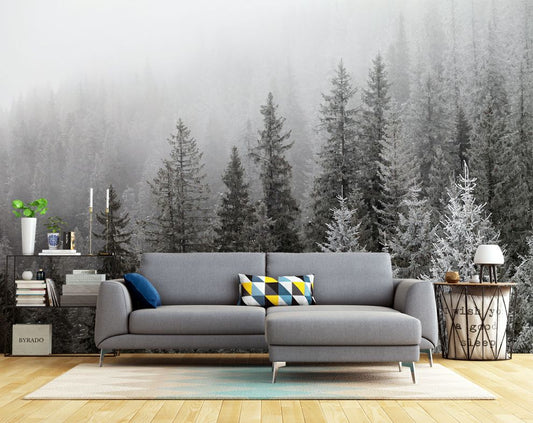 Living Room - Misty Mountain Forest 3D Landscape Wallpaper
