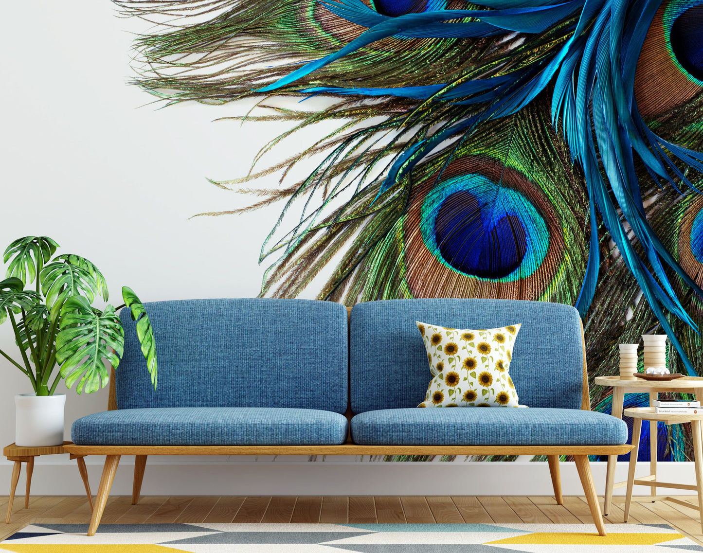 3D Original Green Blue Peacock Feather Wallpaper For Wall