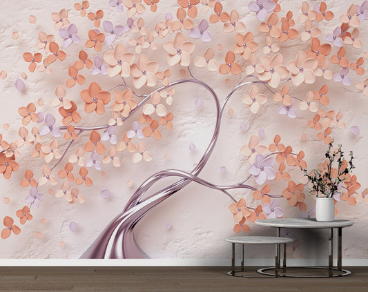 Living Room - 3D Rose Pink Flower and Tree Mural Wallpaper