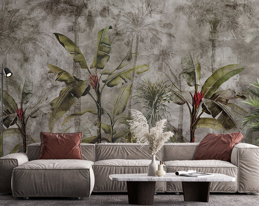 Botanical Gray and Green Forest Tree Wallpaper