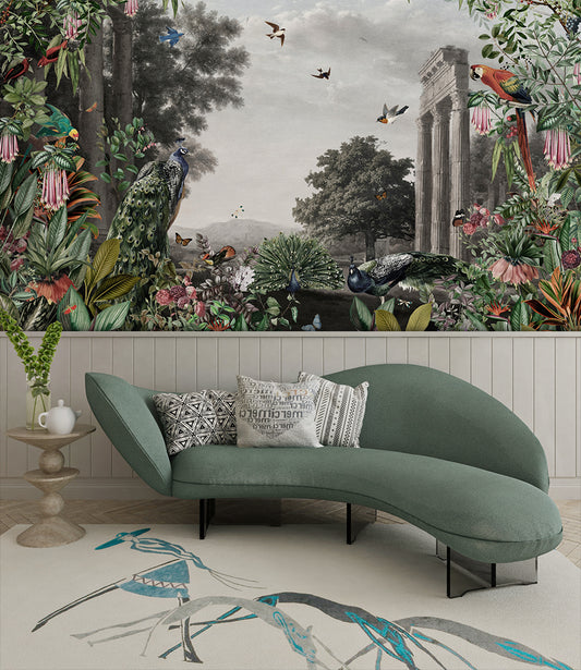 Living Room - Vintage Peacock & Birds Landscape Wall Mural Wallpaper, Custom Size