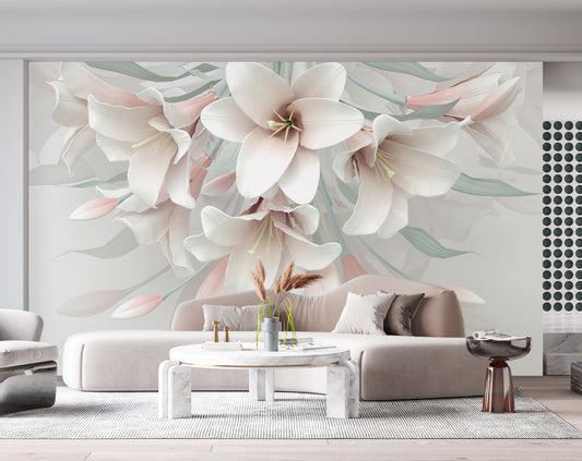 3D Pink And White Flowers Wallpaper For Living Room