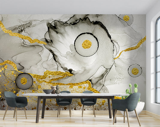 Dining Room - White, Black And Golden Marble Design Wallpaper