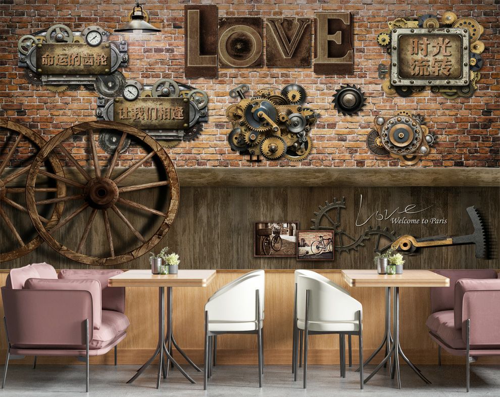 Restaurant and Cafe Brown Bricks Wooden Wheel Wallpaper for Walls