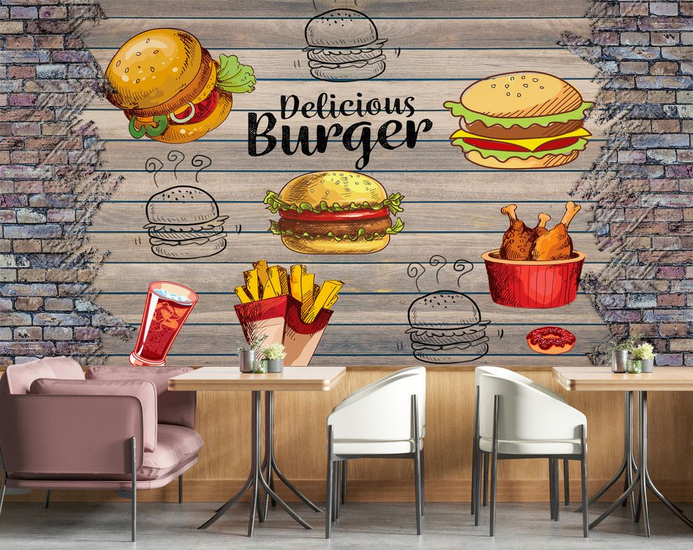 fast food icons cafe wallpaper for walls, food item on wood wallpaper