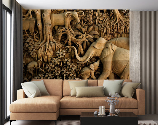 Wooden Art wallpaper, Jungle Animals 3D Wall Mural