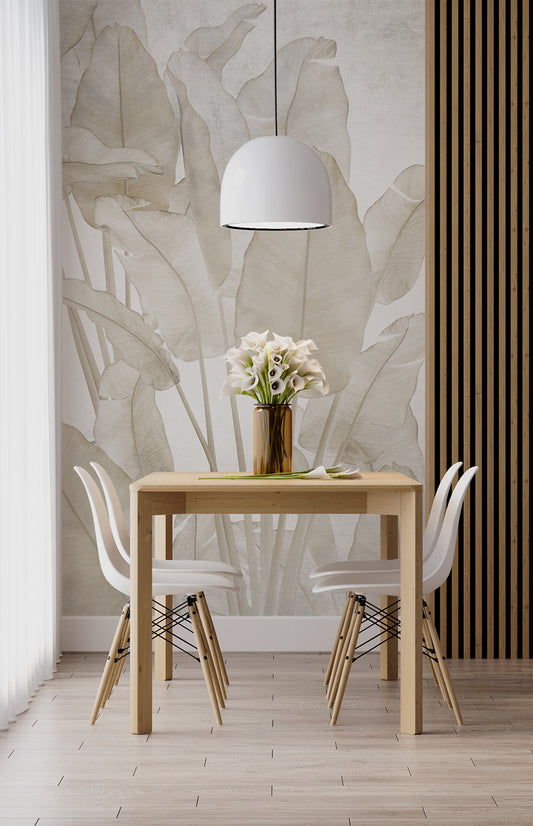 Dining Room - Soft Beige Banana Leaf – Tropical Wall Mural Wallpaper, Custom Size
