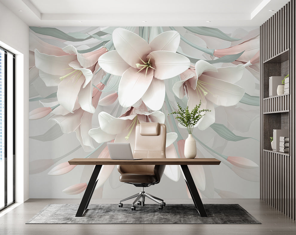 3D Pink And White Flowers Wallpaper For Living Room
