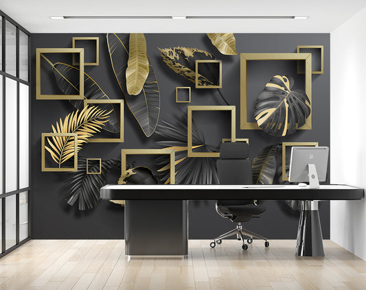 Dining Room - 3D Black Leaf And Golden Square Wallpaper