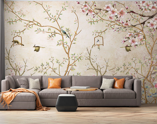 Living Room - Chinoiserie Botanical Garden – Wall Mural Wallpaper, Custom Size