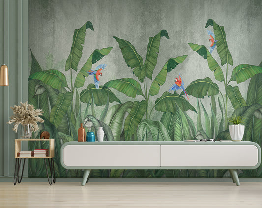 Living Room - Green Big Leaf & Tree – Banana Leaf Wall Mural Wallpaper, Custom Size