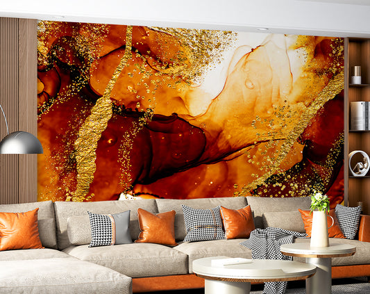 Living Room - Dark Yellow And Red Marble Abstract Art Wallpaper