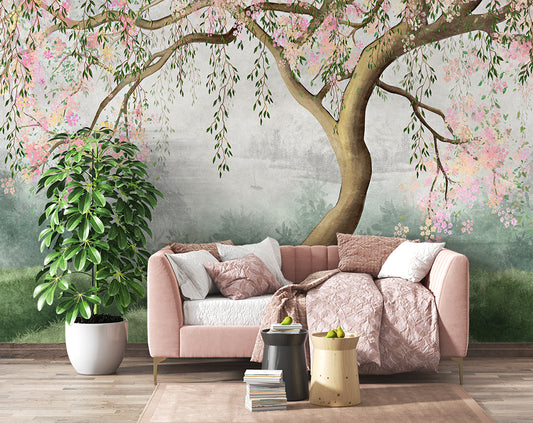 Watercolour Tree and Pink Flowers Wallpaper | Bedroom wallpaper
