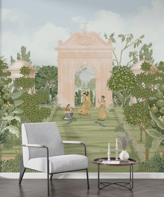 Decorative wall mural with classical garden scene and gray armchair.