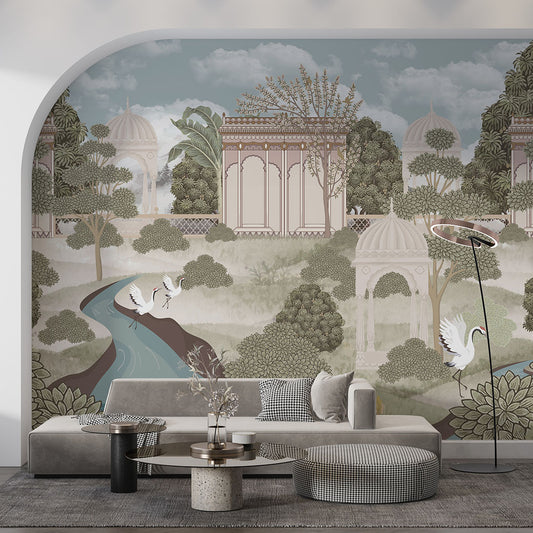 Living Room - Rajsi Udyan – Indian Royal Garden Wall Mural Wallpaper, Custom Size